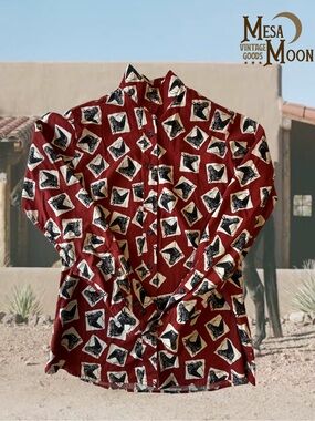 Vintage Red Button-Up Shirt with Black & White horse Print
